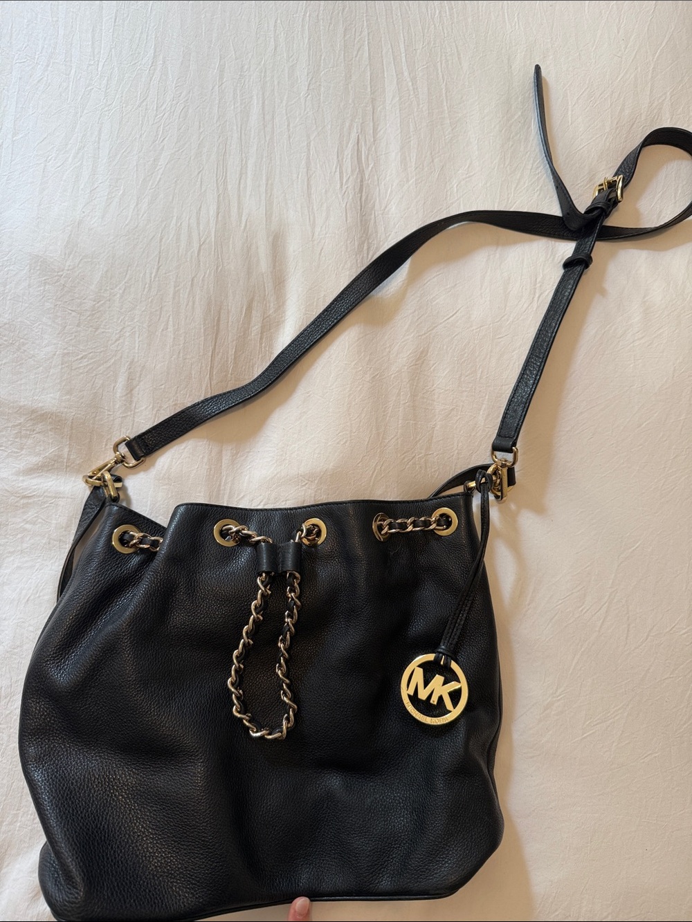 Michael Kors Black Pebbled Leather Drawstring Shoulder Bag with Gold Hardware